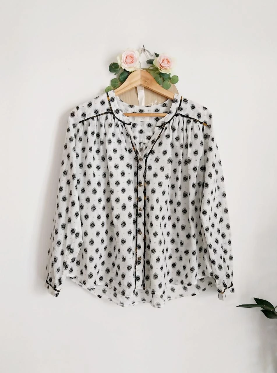 Chemisier blouse ample blanc cassé 100% coton motif noir & moutarde Louizon Tail